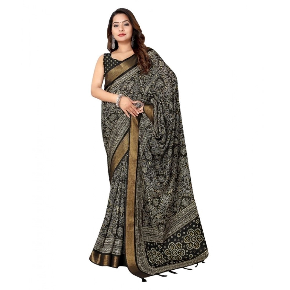 Generic Women's Cotton Silk Printed Saree With Unstitched Blouse 5.5Mtr (Black)