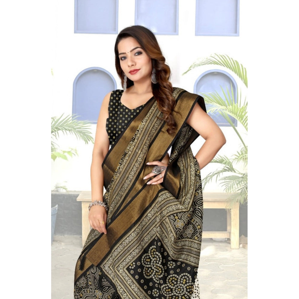 Generic Women's Cotton Silk Printed Saree With Unstitched Blouse 5.5Mtr (Black)