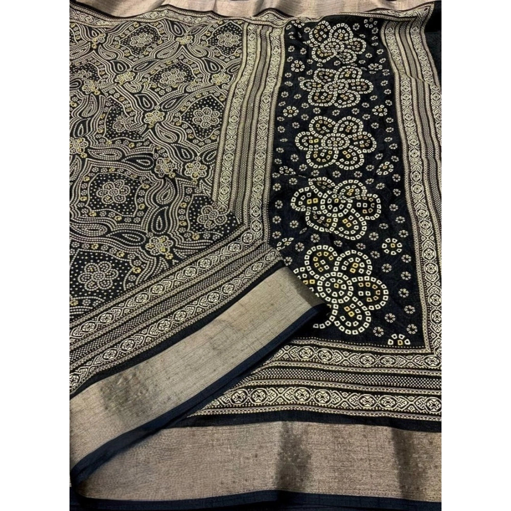 Generic Women's Cotton Silk Printed Saree With Unstitched Blouse 5.5Mtr (Black)