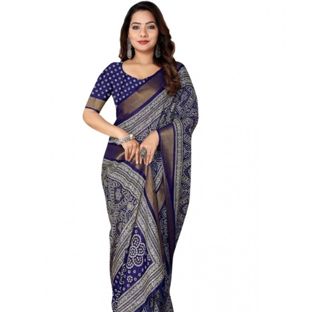 Generic Women's Cotton Silk Printed Saree With Unstitched Blouse 5.5Mtr (Blue)
