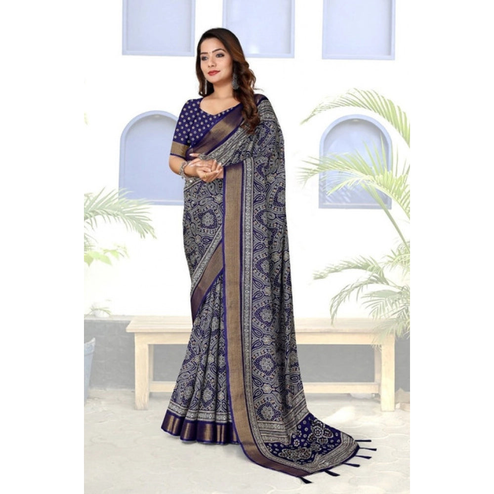 Generic Women's Cotton Silk Printed Saree With Unstitched Blouse 5.5Mtr (Blue)