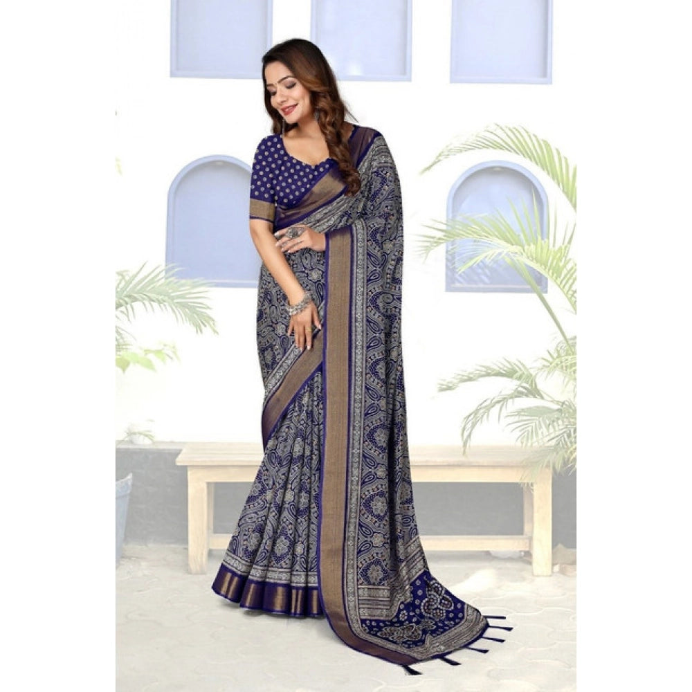 Generic Women's Cotton Silk Printed Saree With Unstitched Blouse 5.5Mtr (Blue)