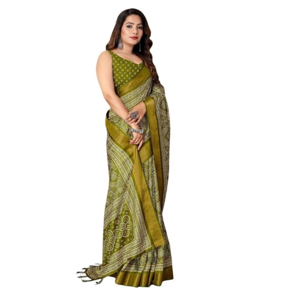 Generic Women's Cotton Silk Printed Saree With Unstitched Blouse 5.5Mtr (Green)