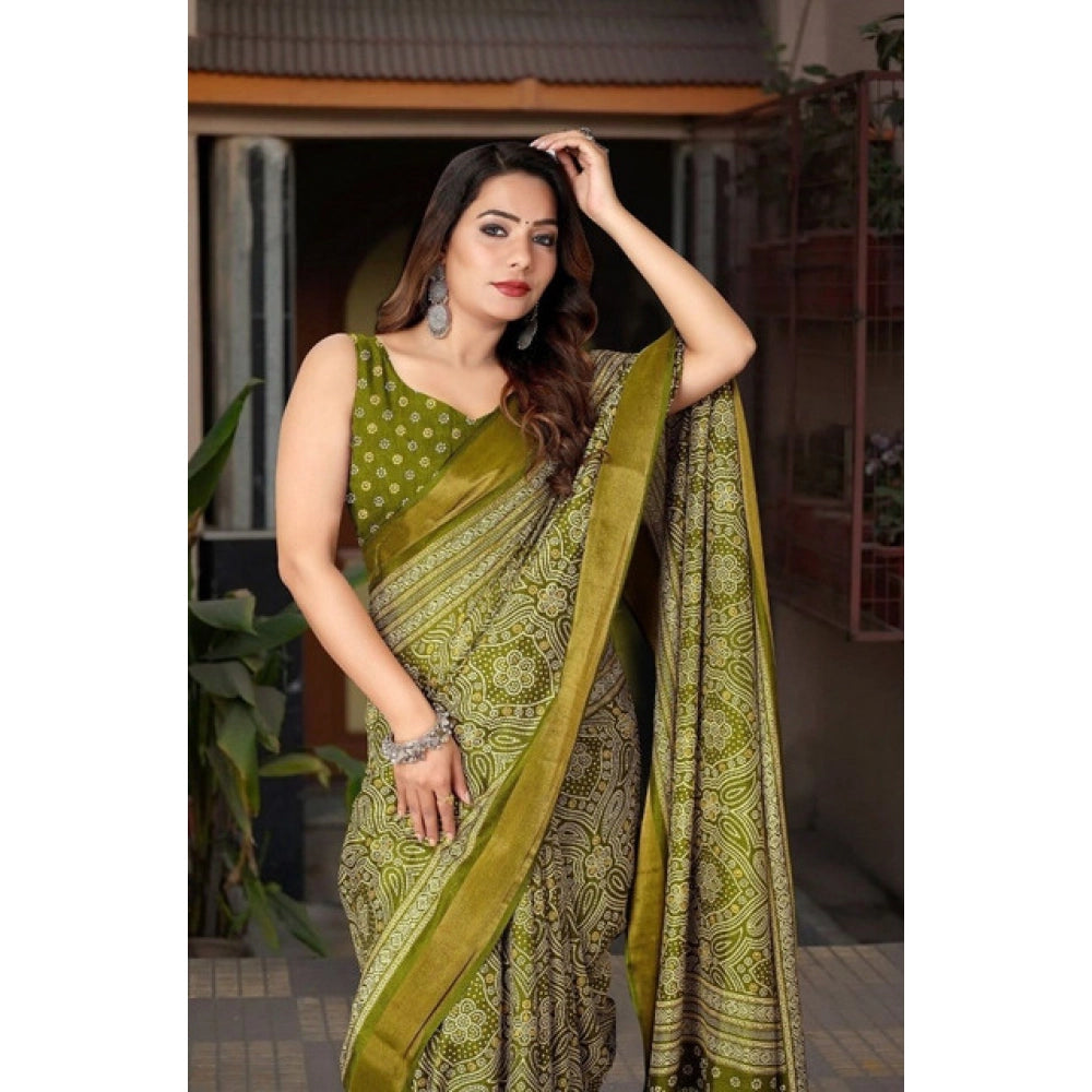Generic Women's Cotton Silk Printed Saree With Unstitched Blouse 5.5Mtr (Green)