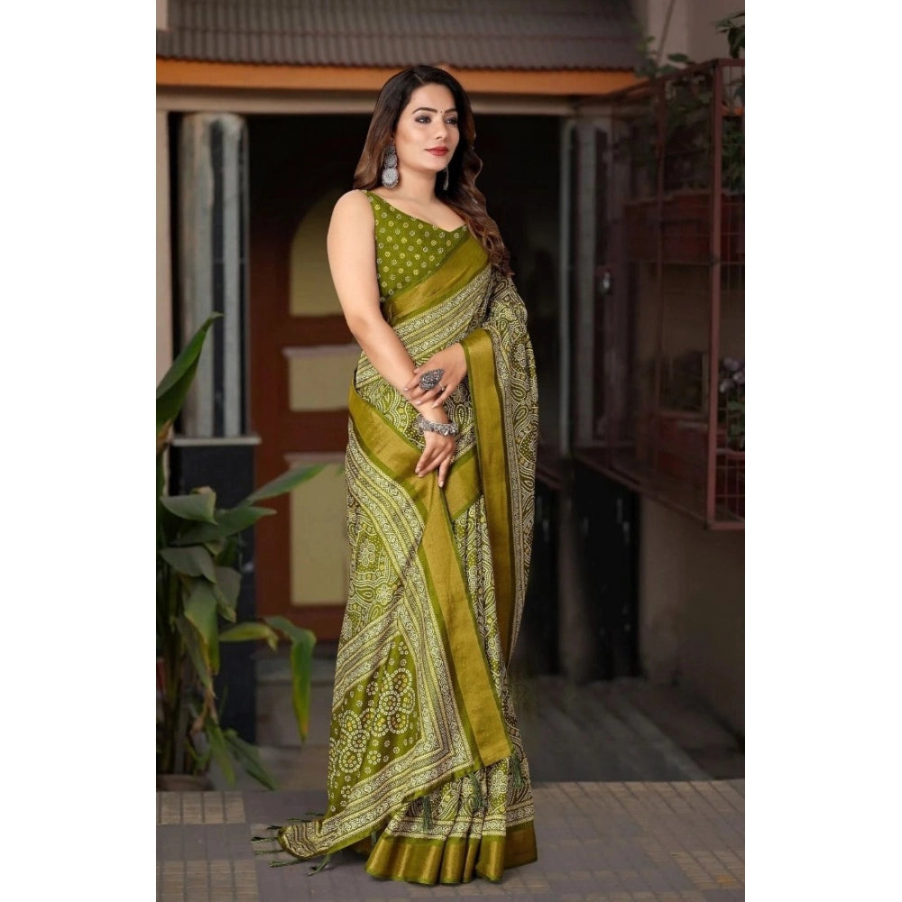 Generic Women's Cotton Silk Printed Saree With Unstitched Blouse 5.5Mtr (Green)