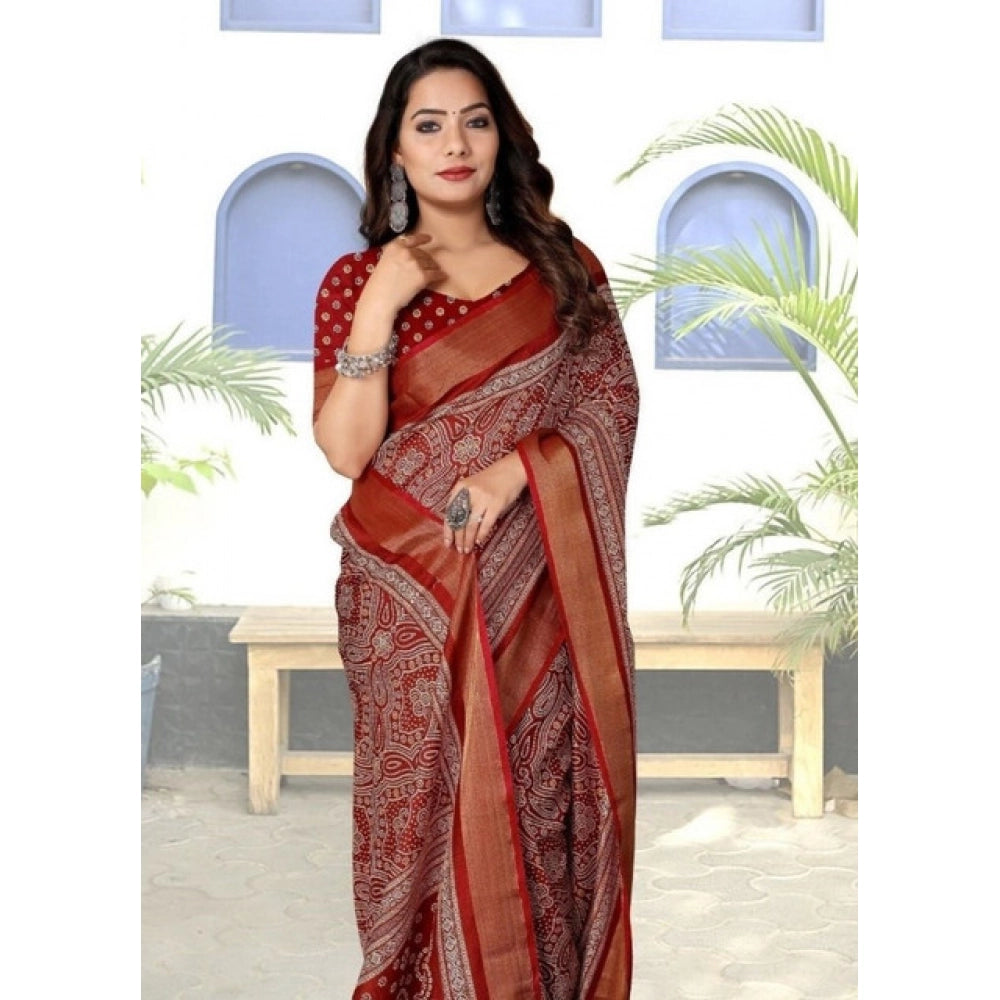 Generic Women's Cotton Silk Printed Saree With Unstitched Blouse 5.5Mtr (Maroon)