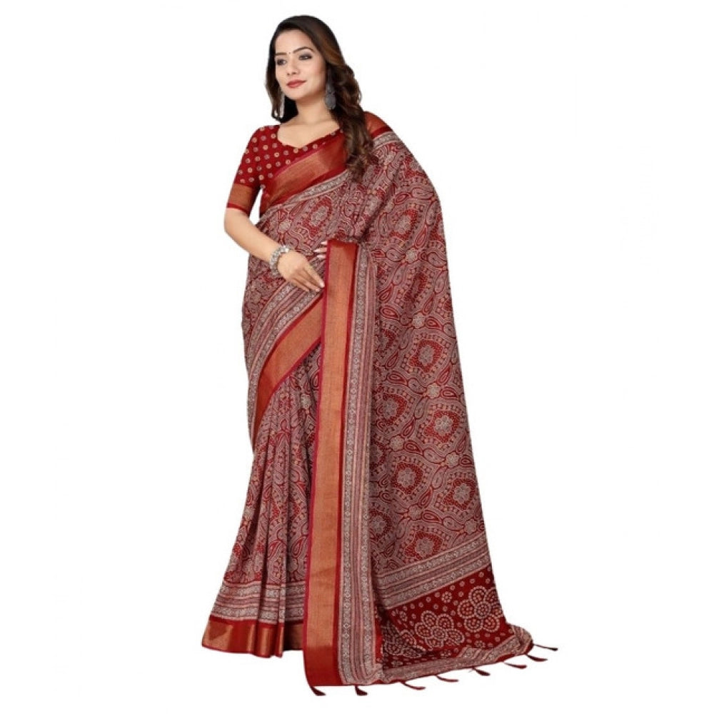 Generic Women's Cotton Silk Printed Saree With Unstitched Blouse 5.5Mtr (Maroon)