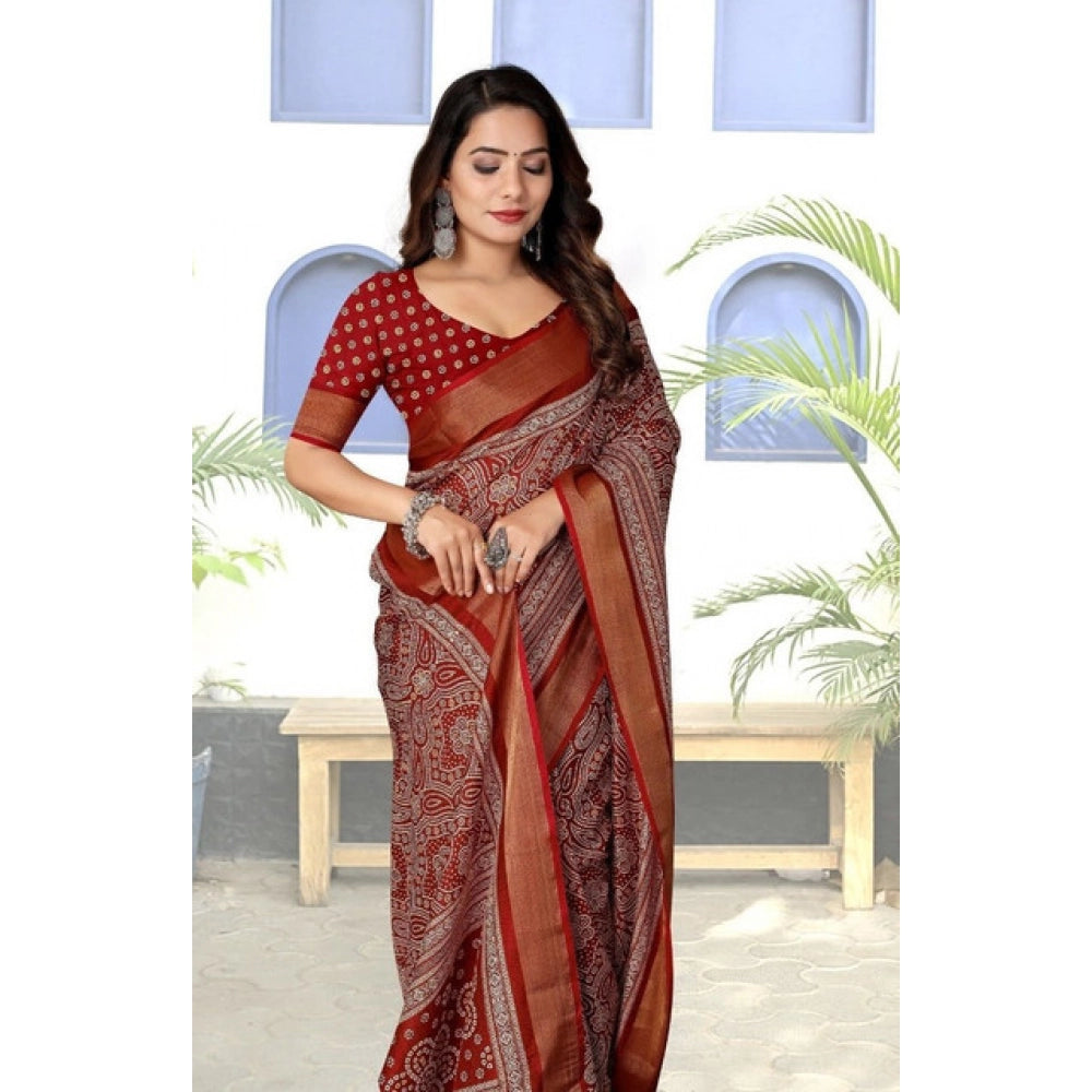 Generic Women's Cotton Silk Printed Saree With Unstitched Blouse 5.5Mtr (Maroon)