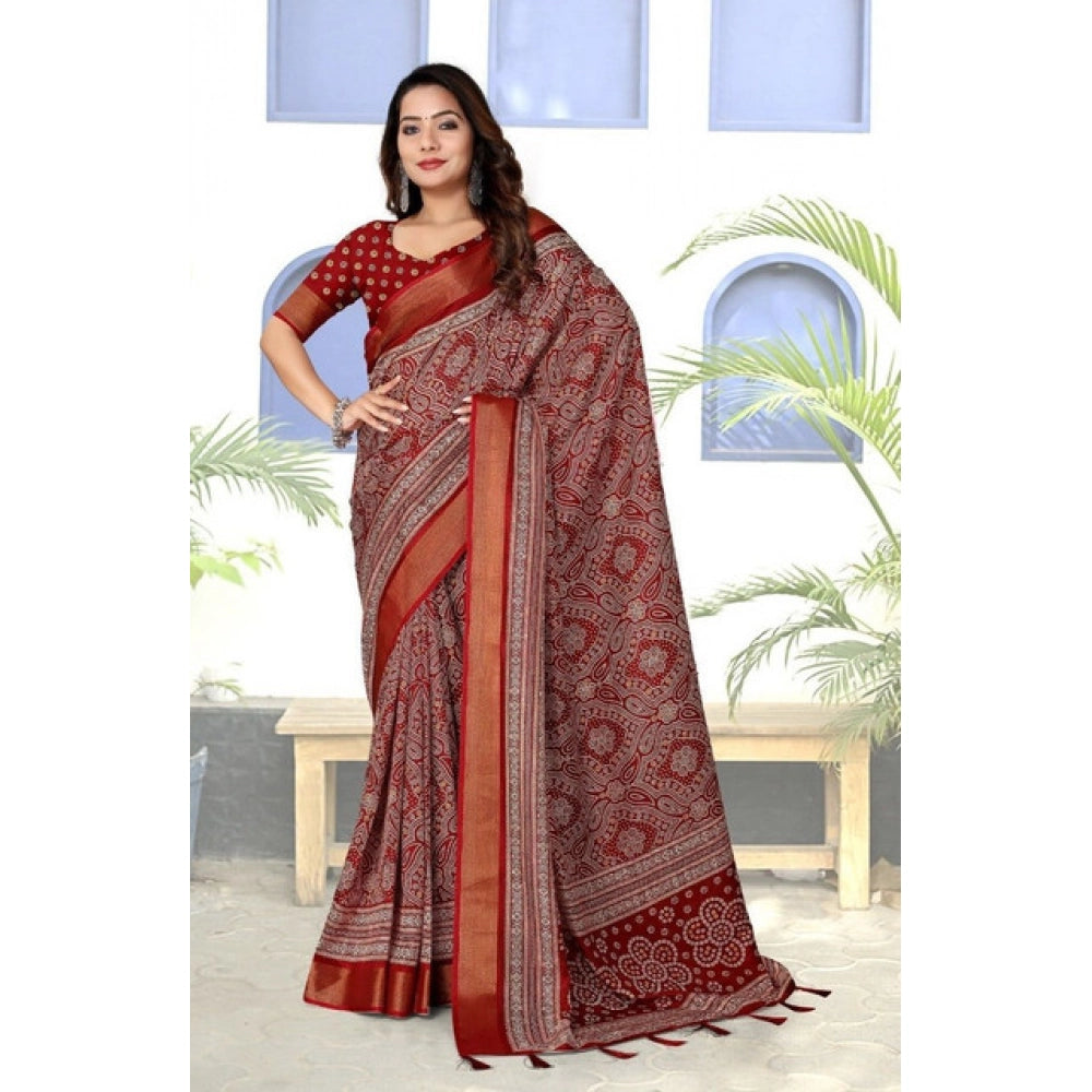 Generic Women's Cotton Silk Printed Saree With Unstitched Blouse 5.5Mtr (Maroon)