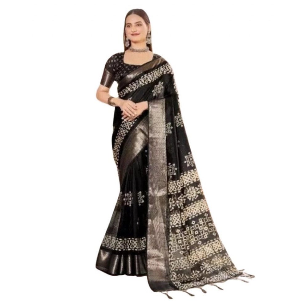 Generic Women's Cotton Silk Printed Saree With Unstitched Blouse 5.5Mtr (Black)