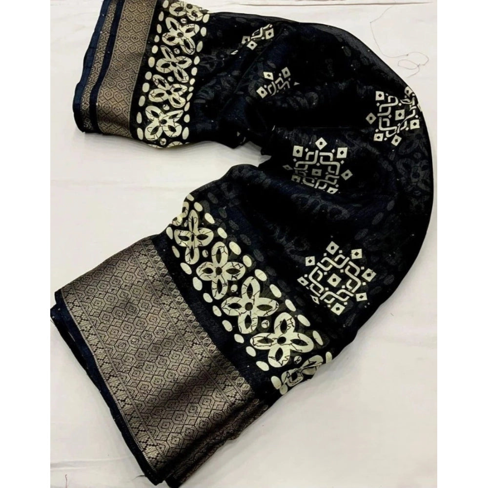 Generic Women's Cotton Silk Printed Saree With Unstitched Blouse 5.5Mtr (Black)