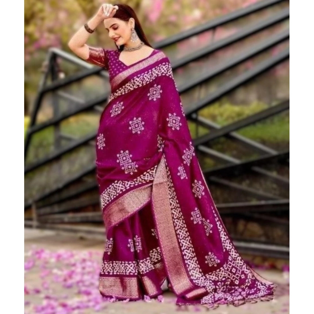 Generic Women's Cotton Silk Printed Saree With Unstitched Blouse 5.5Mtr (Wine)