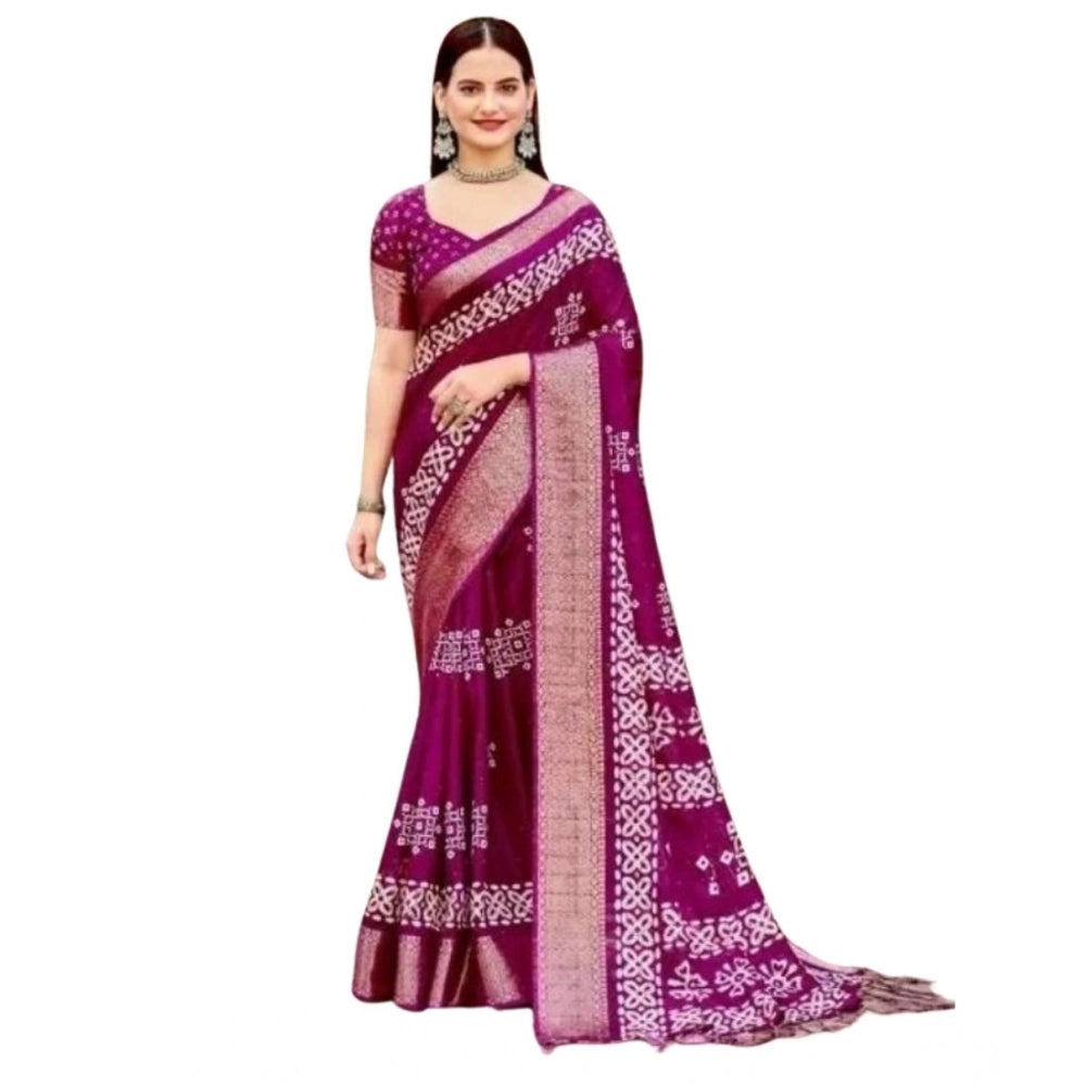 Generic Women's Cotton Silk Printed Saree With Unstitched Blouse 5.5Mtr (Wine)