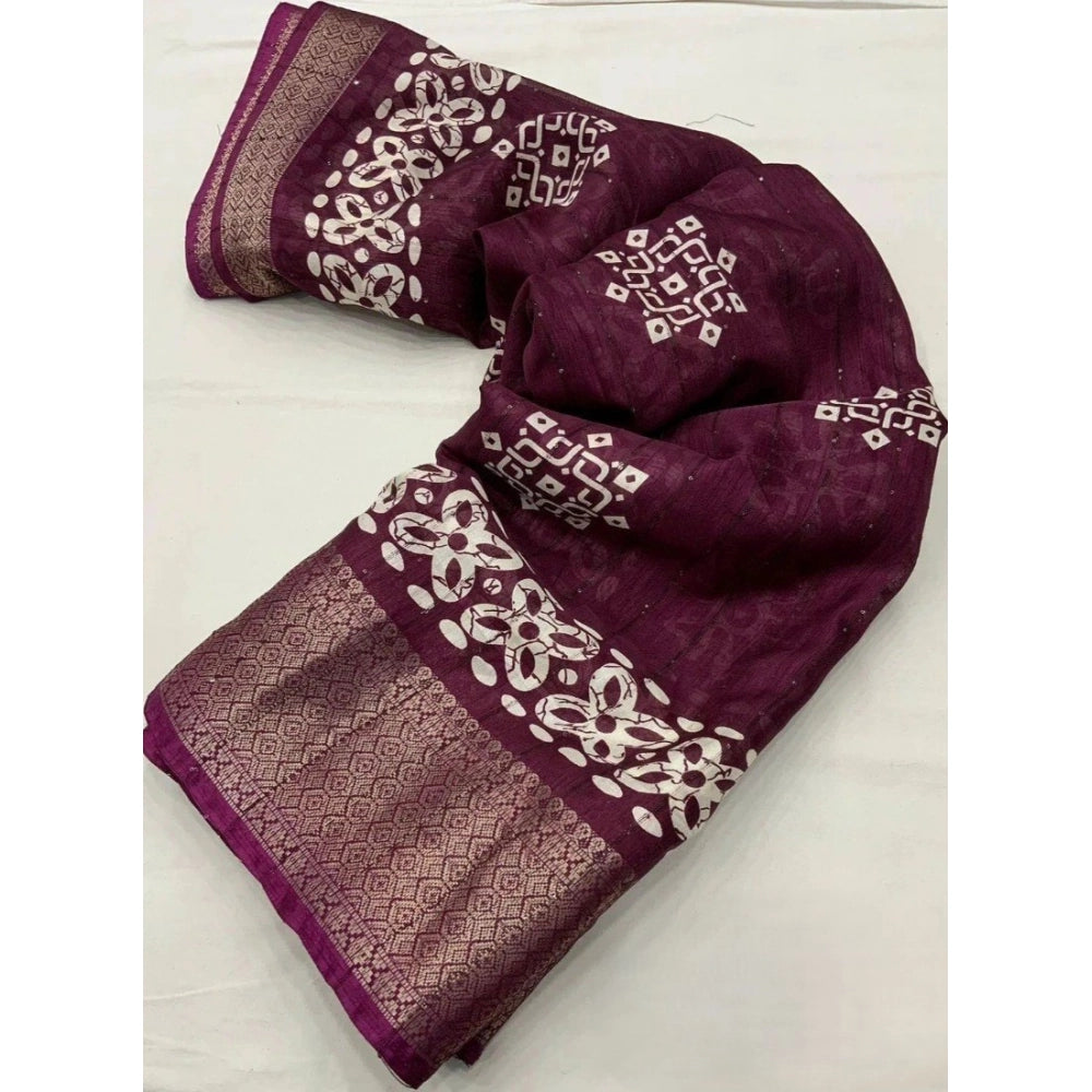 Generic Women's Cotton Silk Printed Saree With Unstitched Blouse 5.5Mtr (Wine)