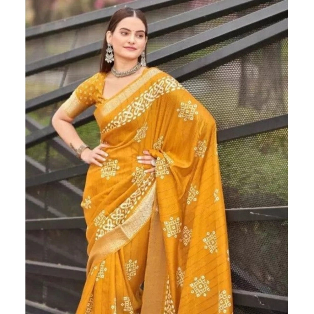 Generic Women's Cotton Silk Printed Saree With Unstitched Blouse 5.5Mtr (Yellow)