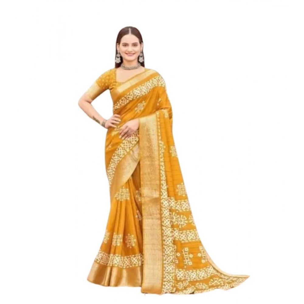 Generic Women's Cotton Silk Printed Saree With Unstitched Blouse 5.5Mtr (Yellow)