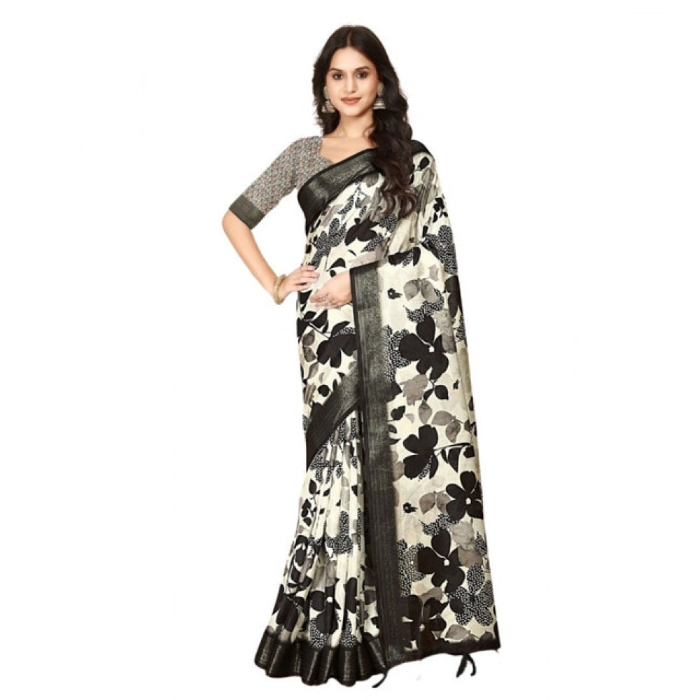 Generic Women's Cotton Silk Floral Printed Saree With Unstitched Blouse 5.5Mtr (Multicolor)