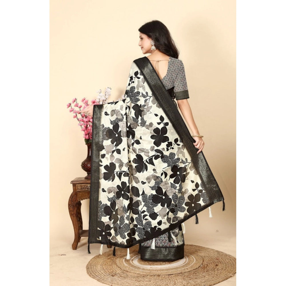 Generic Women's Cotton Silk Floral Printed Saree With Unstitched Blouse 5.5Mtr (Multicolor)