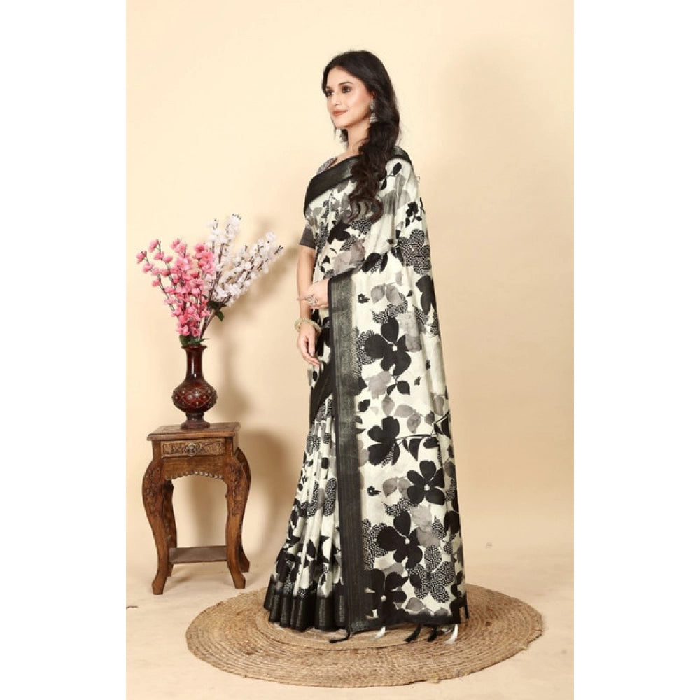 Generic Women's Cotton Silk Floral Printed Saree With Unstitched Blouse 5.5Mtr (Multicolor)