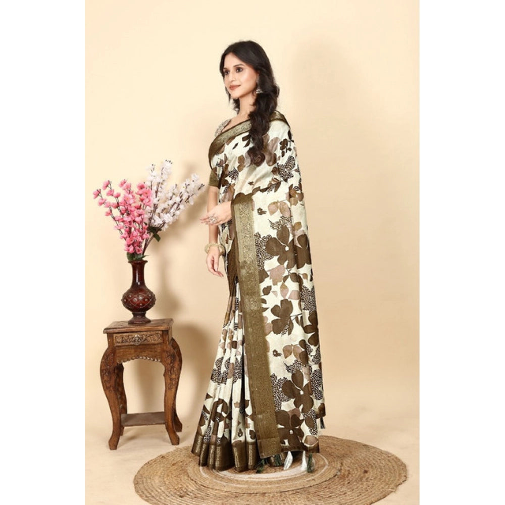 Generic Women's Cotton Silk Floral Printed Saree With Unstitched Blouse 5.5Mtr (Multicolor)