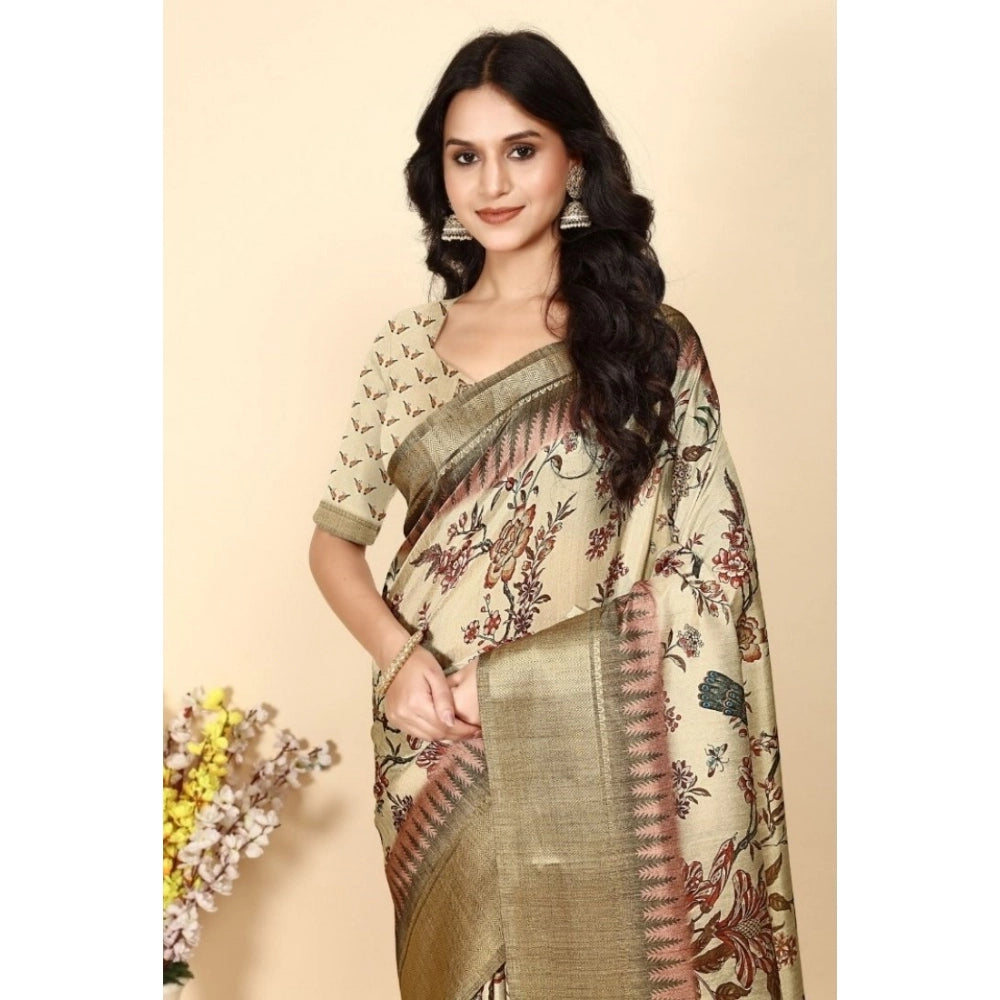 Generic Women's Cotton Silk Printed Saree With Unstitched Blouse 5.5Mtr (Cream)