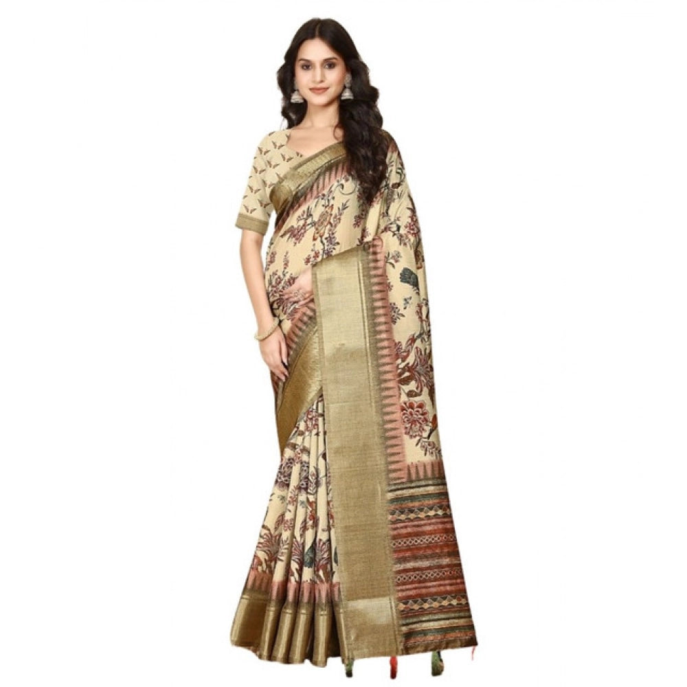 Generic Women's Cotton Silk Printed Saree With Unstitched Blouse 5.5Mtr (Cream)