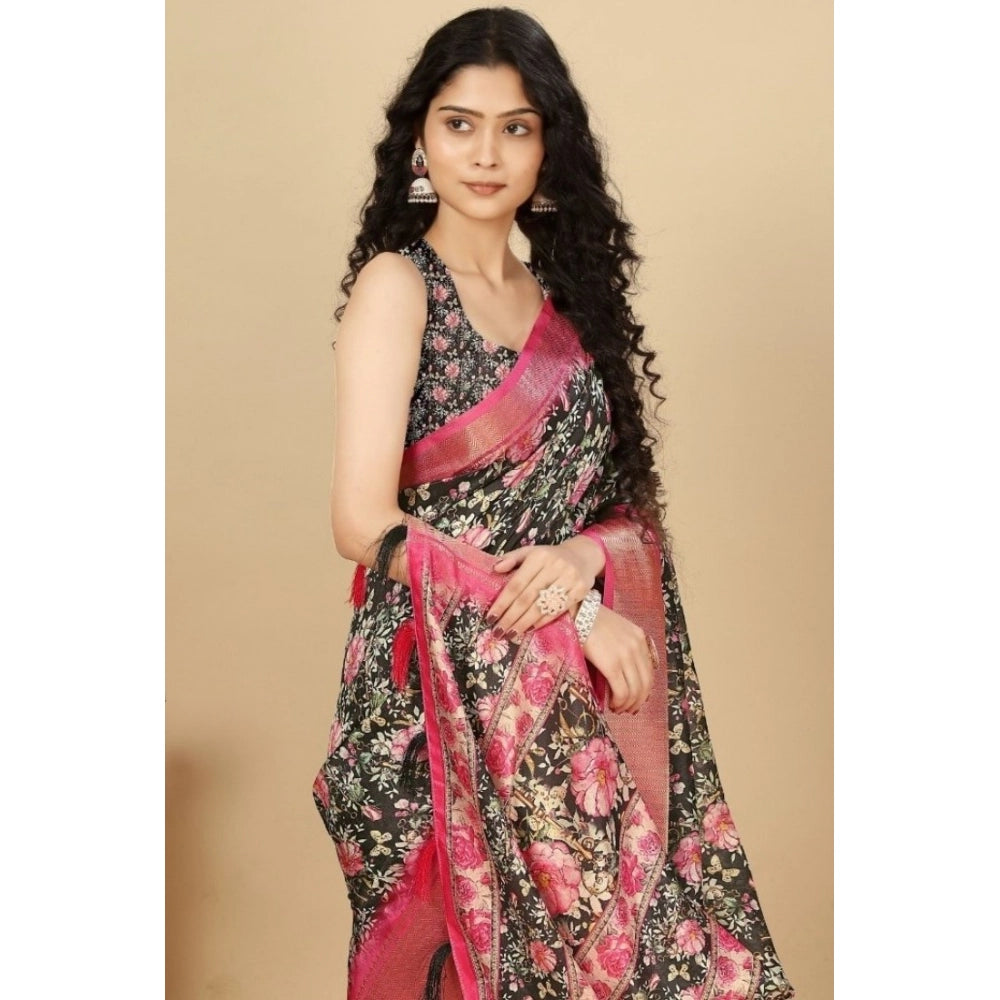 Generic Women's Cotton Silk Floral Printed Saree With Unstitched Blouse 5.5Mtr (Black)