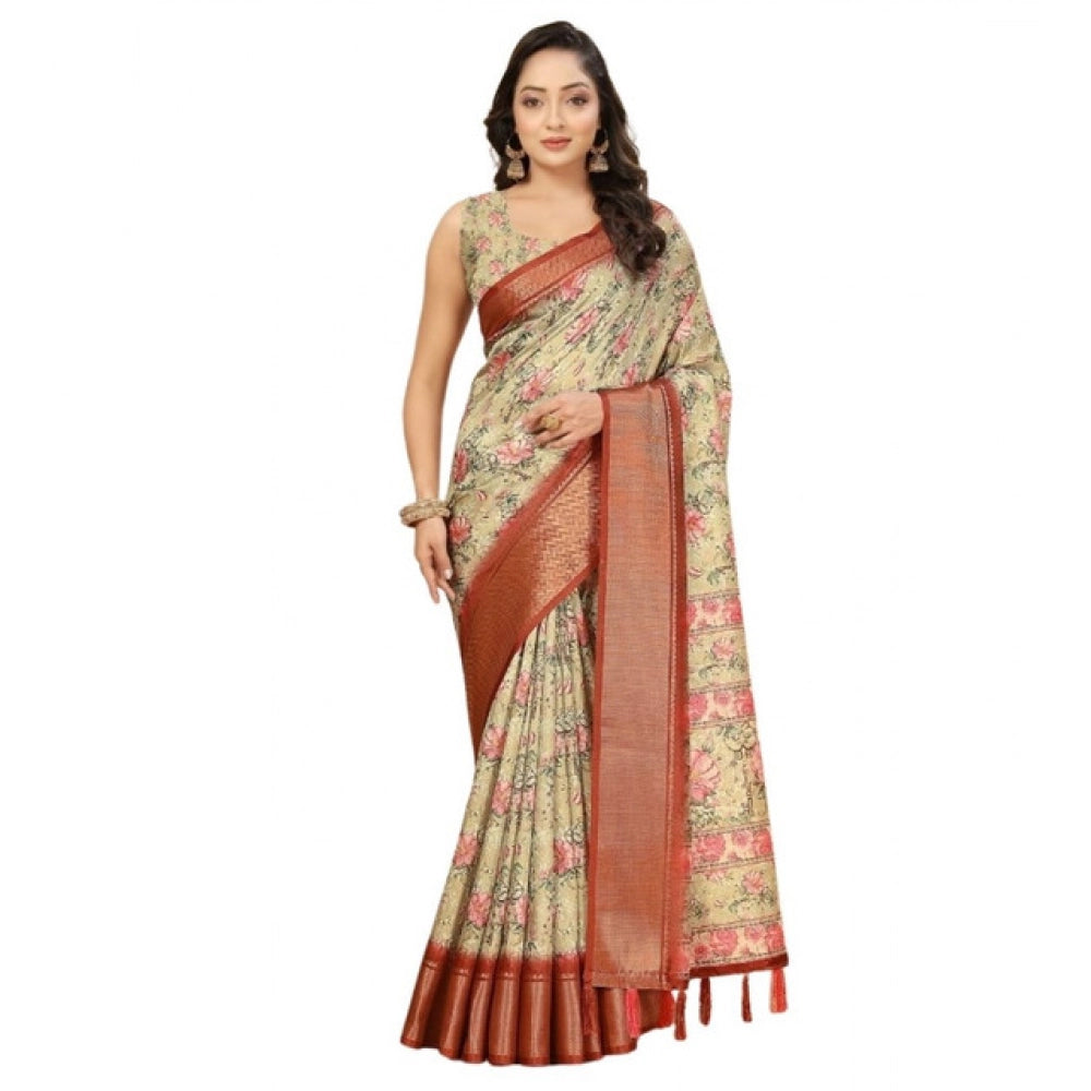 Generic Women's Cotton Silk Floral Printed Saree With Unstitched Blouse 5.5Mtr (Gold)