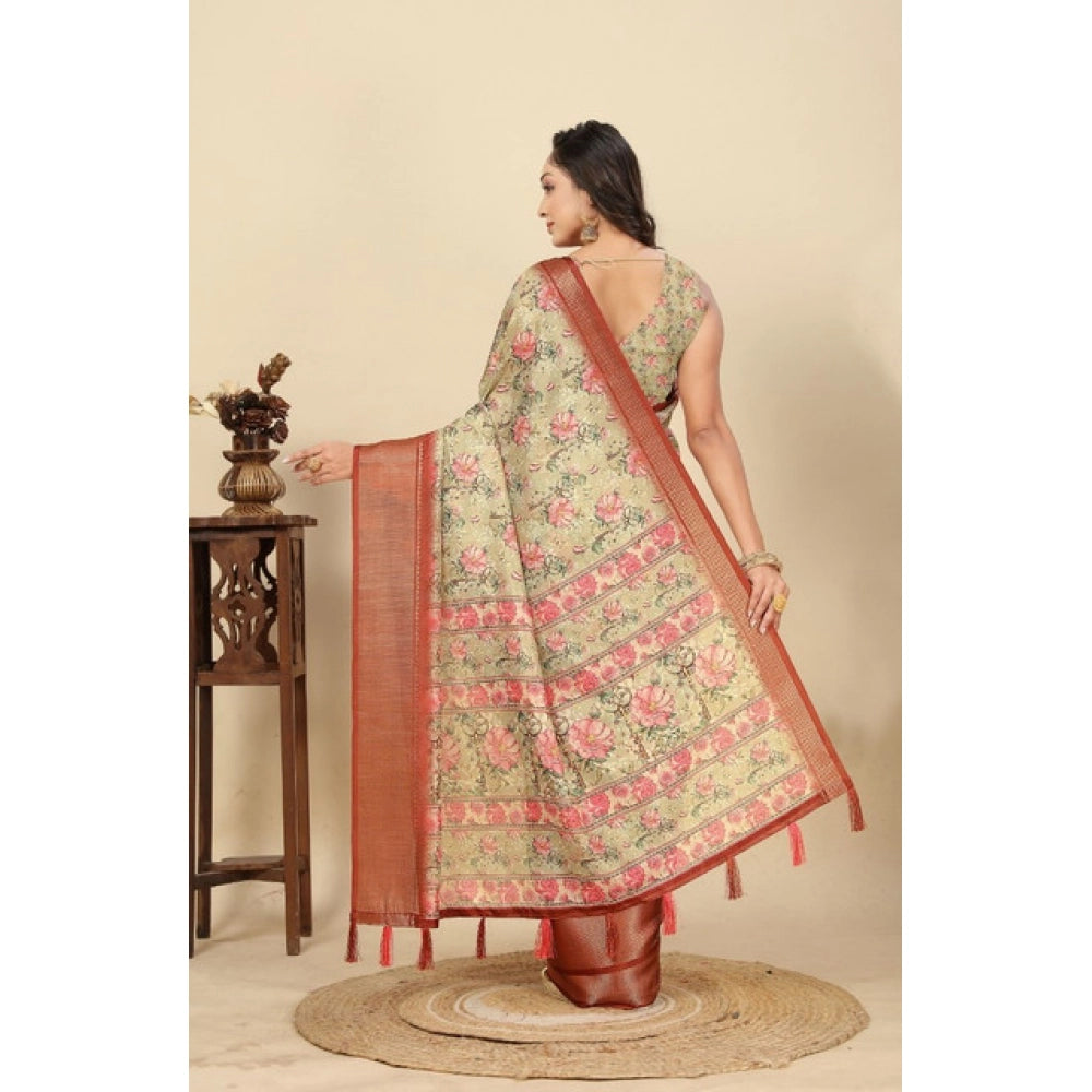 Generic Women's Cotton Silk Floral Printed Saree With Unstitched Blouse 5.5Mtr (Gold)