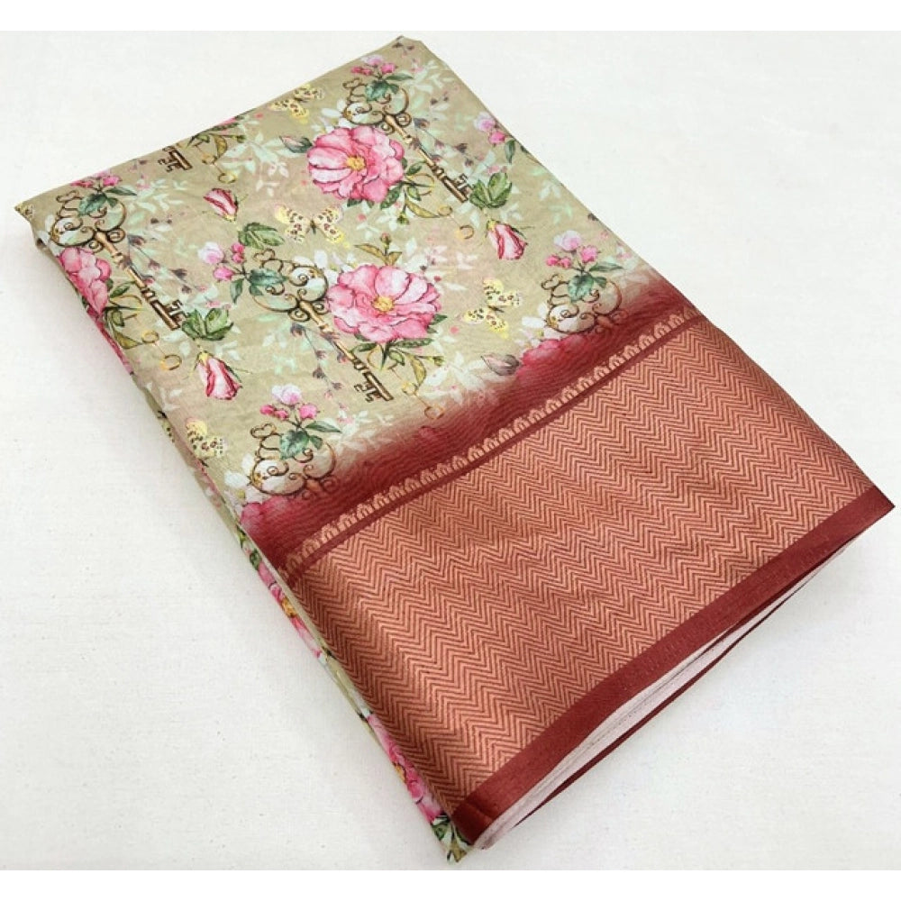 Generic Women's Cotton Silk Floral Printed Saree With Unstitched Blouse 5.5Mtr (Gold)
