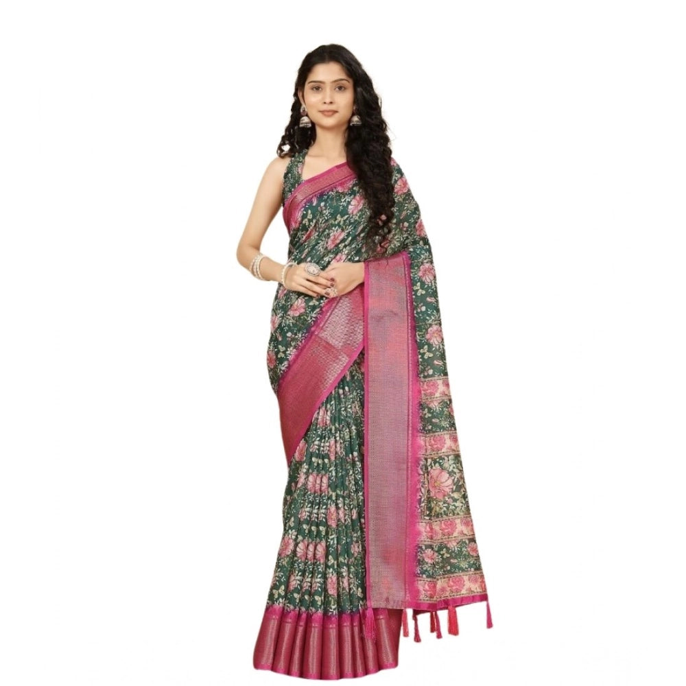 Generic Women's Cotton Silk Floral Printed Saree With Unstitched Blouse 5.5Mtr (Green)