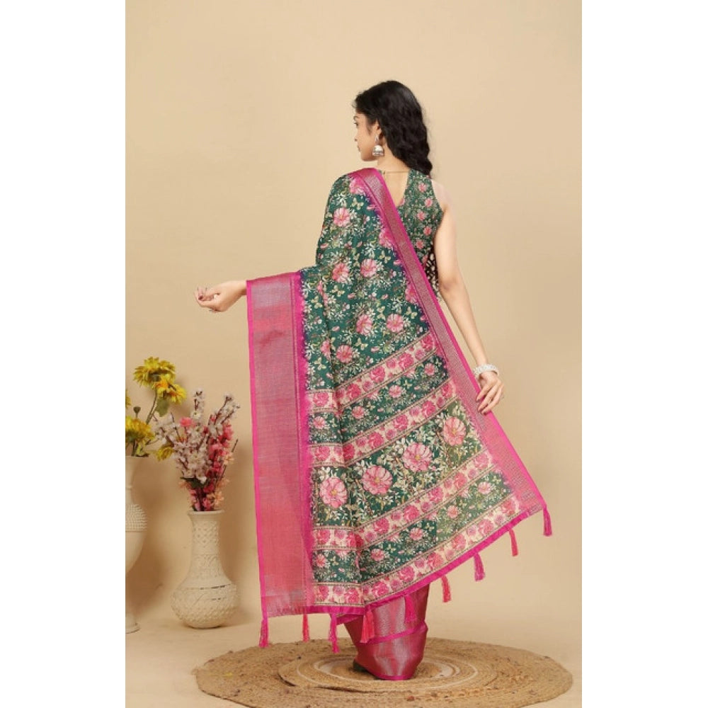 Generic Women's Cotton Silk Floral Printed Saree With Unstitched Blouse 5.5Mtr (Green)