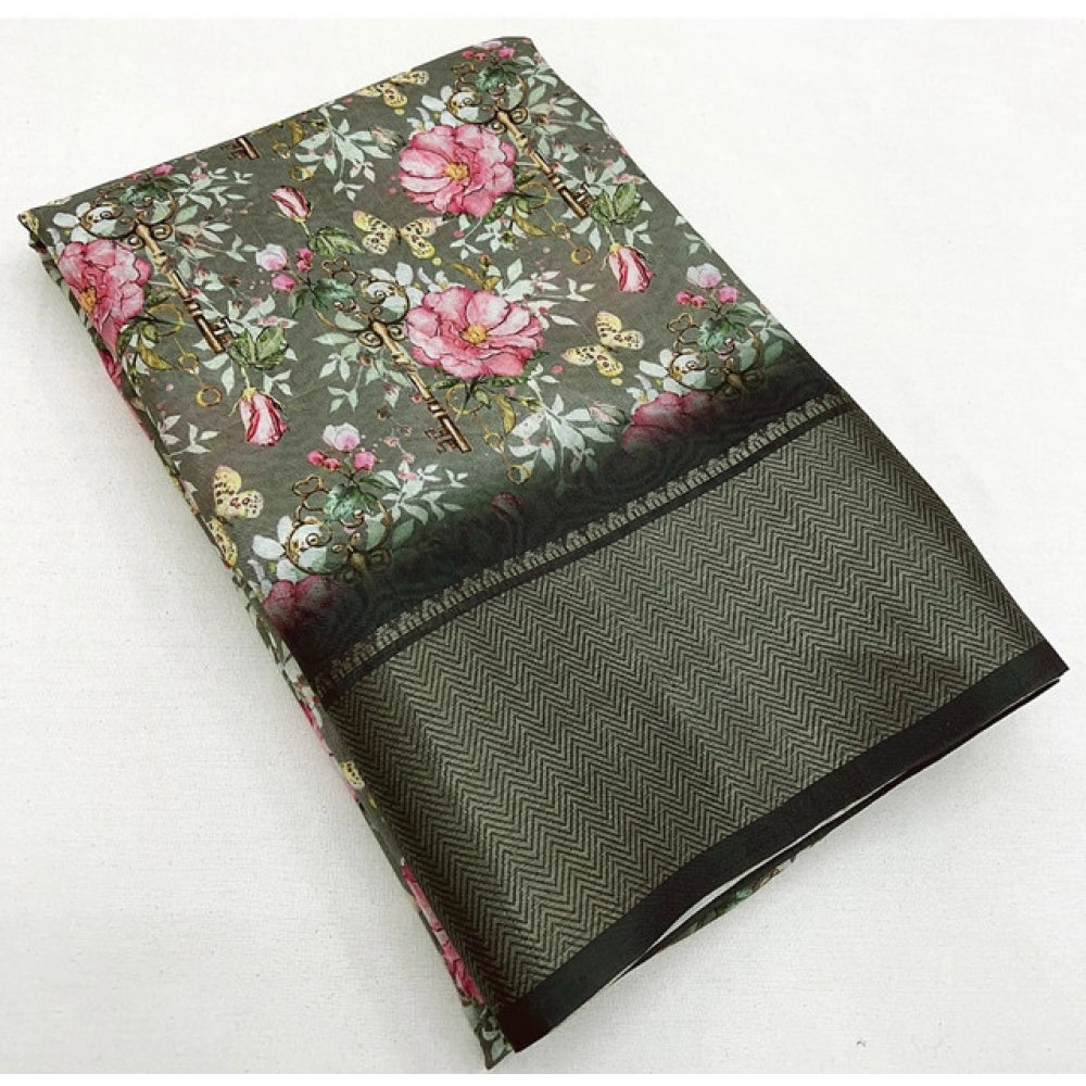 Generic Women's Cotton Silk Floral Printed Saree With Unstitched Blouse 5.5Mtr (Grey)