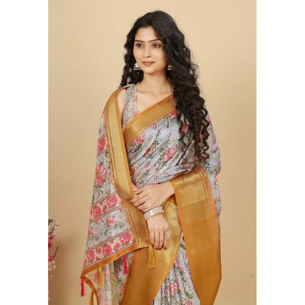 Generic Women's Cotton Silk Floral Printed Saree With Unstitched Blouse 5.5Mtr (Lavender)