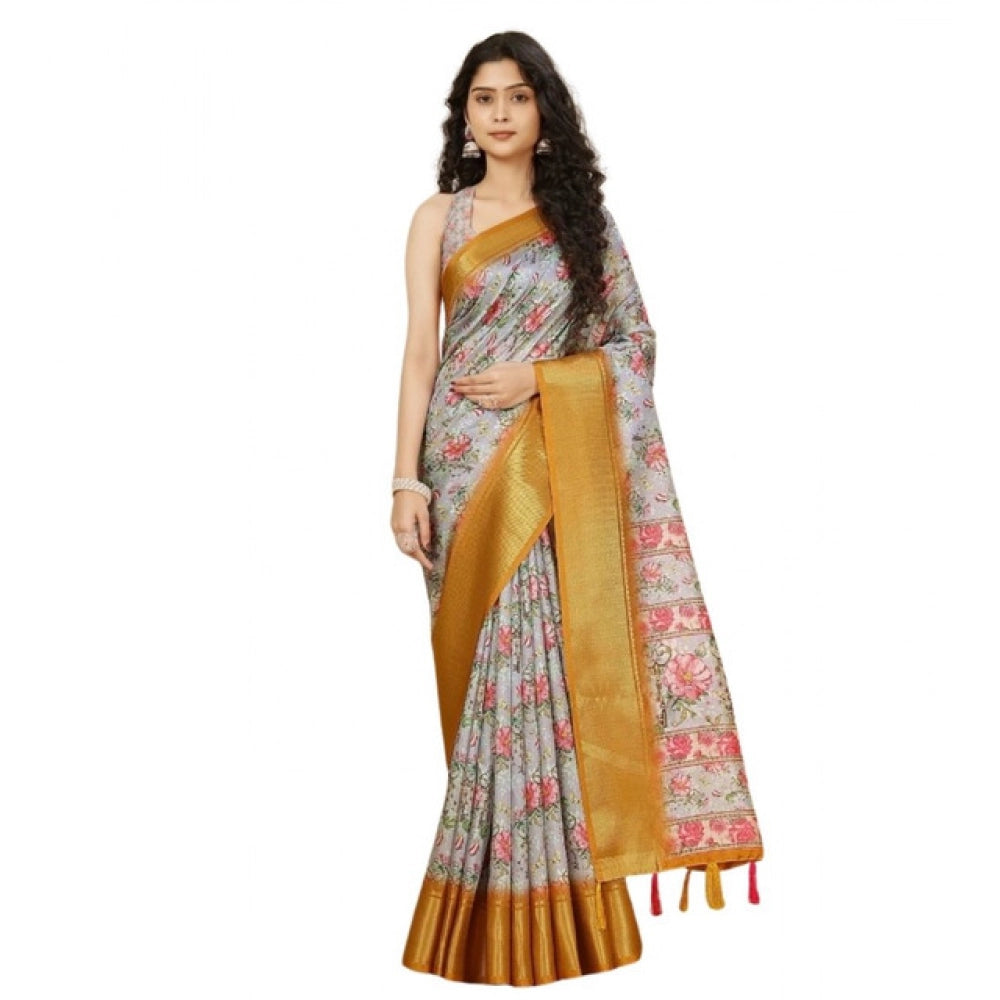 Generic Women's Cotton Silk Floral Printed Saree With Unstitched Blouse 5.5Mtr (Lavender)