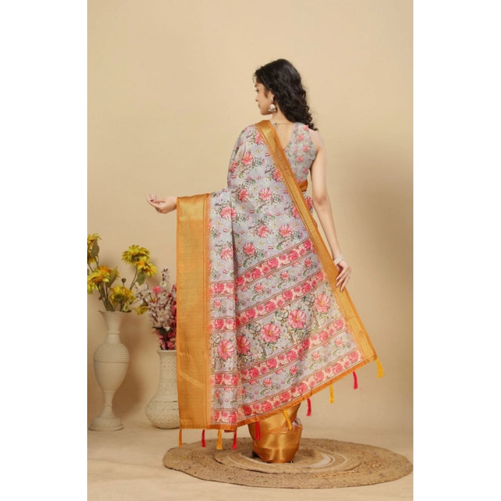 Generic Women's Cotton Silk Floral Printed Saree With Unstitched Blouse 5.5Mtr (Lavender)