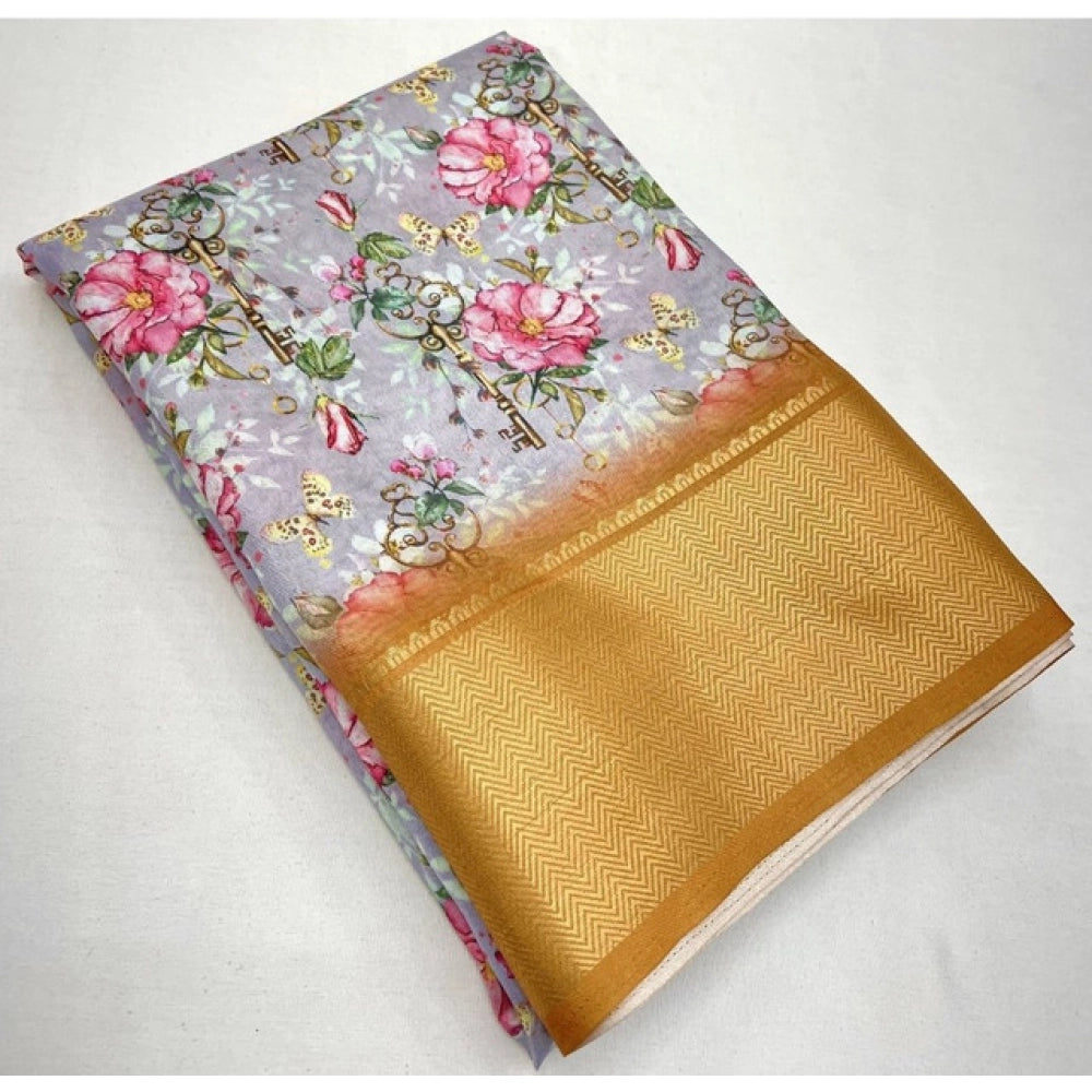 Generic Women's Cotton Silk Floral Printed Saree With Unstitched Blouse 5.5Mtr (Lavender)