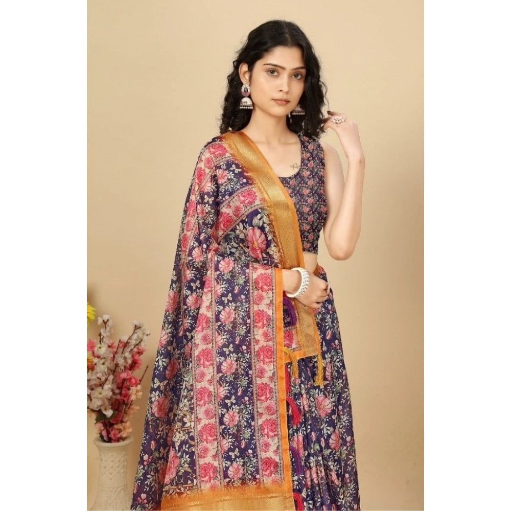 Generic Women's Cotton Silk Floral Printed Saree With Unstitched Blouse 5.5Mtr (Purple)