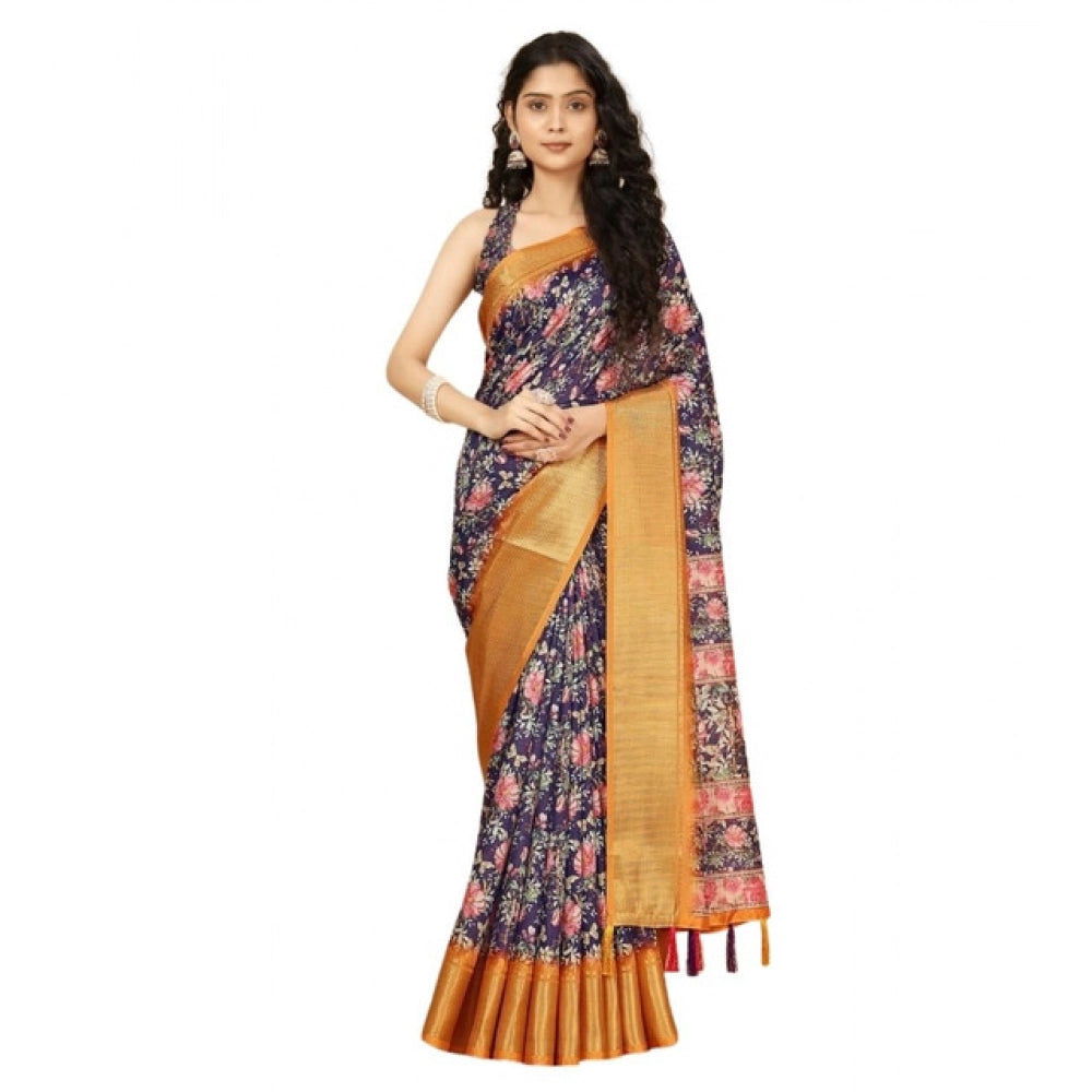 Generic Women's Cotton Silk Floral Printed Saree With Unstitched Blouse 5.5Mtr (Purple)