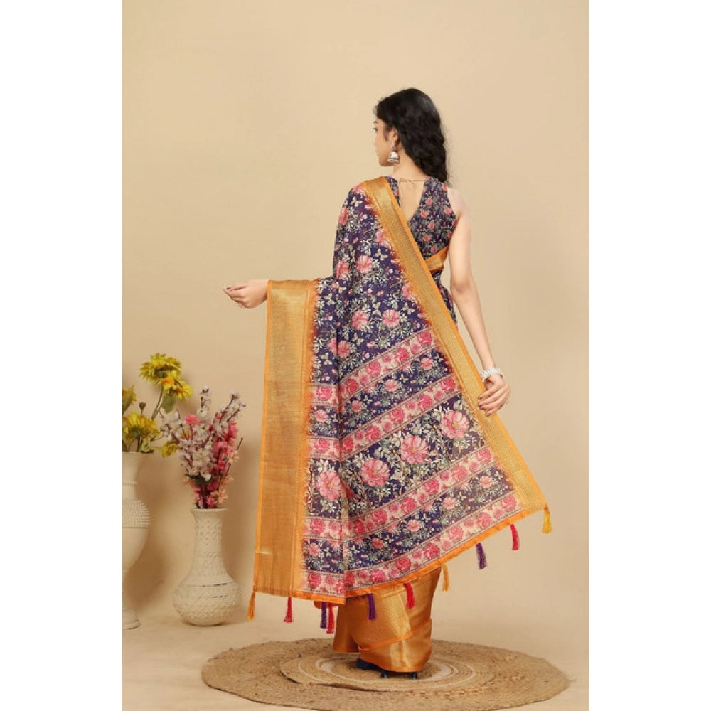 Generic Women's Cotton Silk Floral Printed Saree With Unstitched Blouse 5.5Mtr (Purple)