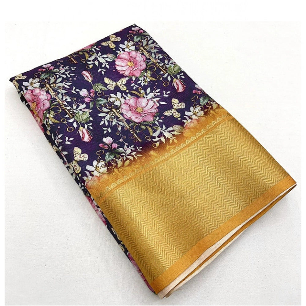 Generic Women's Cotton Silk Floral Printed Saree With Unstitched Blouse 5.5Mtr (Purple)