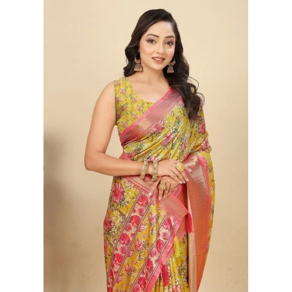 Generic Women's Cotton Silk Floral Printed Saree With Unstitched Blouse 5.5Mtr (Yellow)