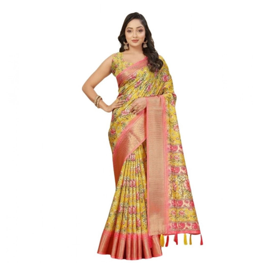 Generic Women's Cotton Silk Floral Printed Saree With Unstitched Blouse 5.5Mtr (Yellow)