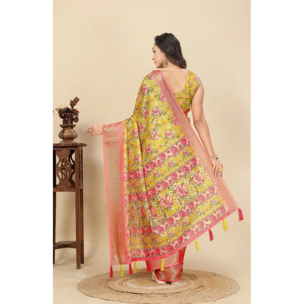 Generic Women's Cotton Silk Floral Printed Saree With Unstitched Blouse 5.5Mtr (Yellow)