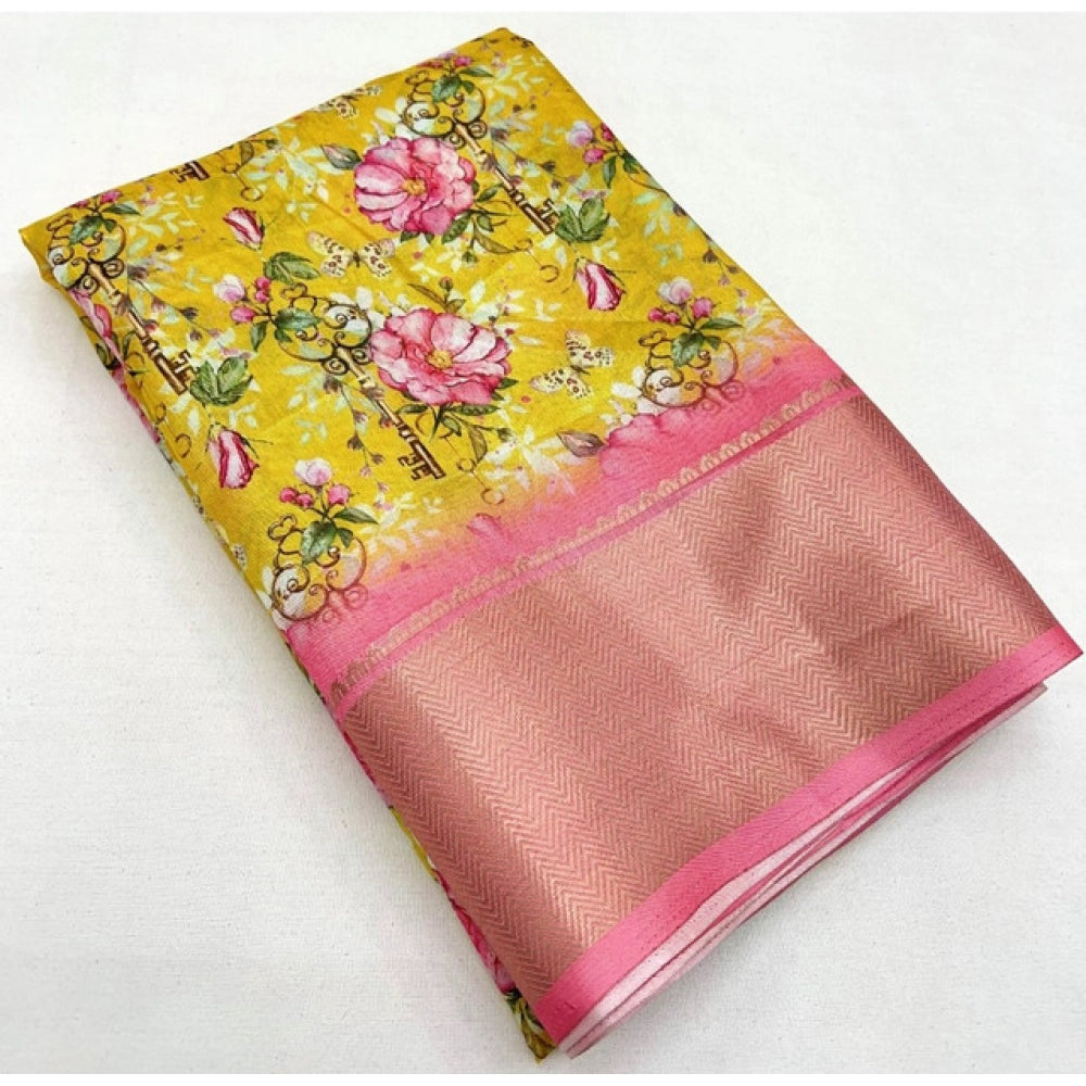 Generic Women's Cotton Silk Floral Printed Saree With Unstitched Blouse 5.5Mtr (Yellow)