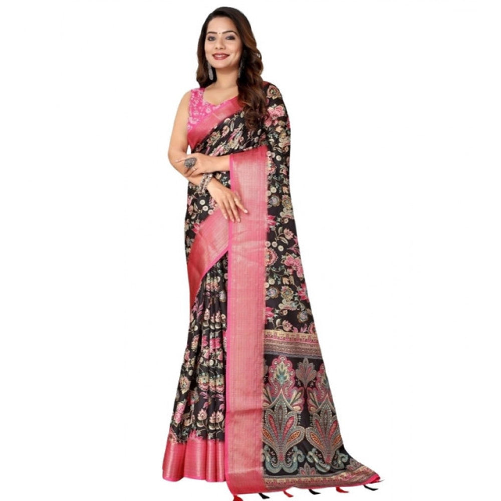 Generic Women's Cotton Silk Floral Printed Saree With Unstitched Blouse 5.5Mtr (Multicolor)