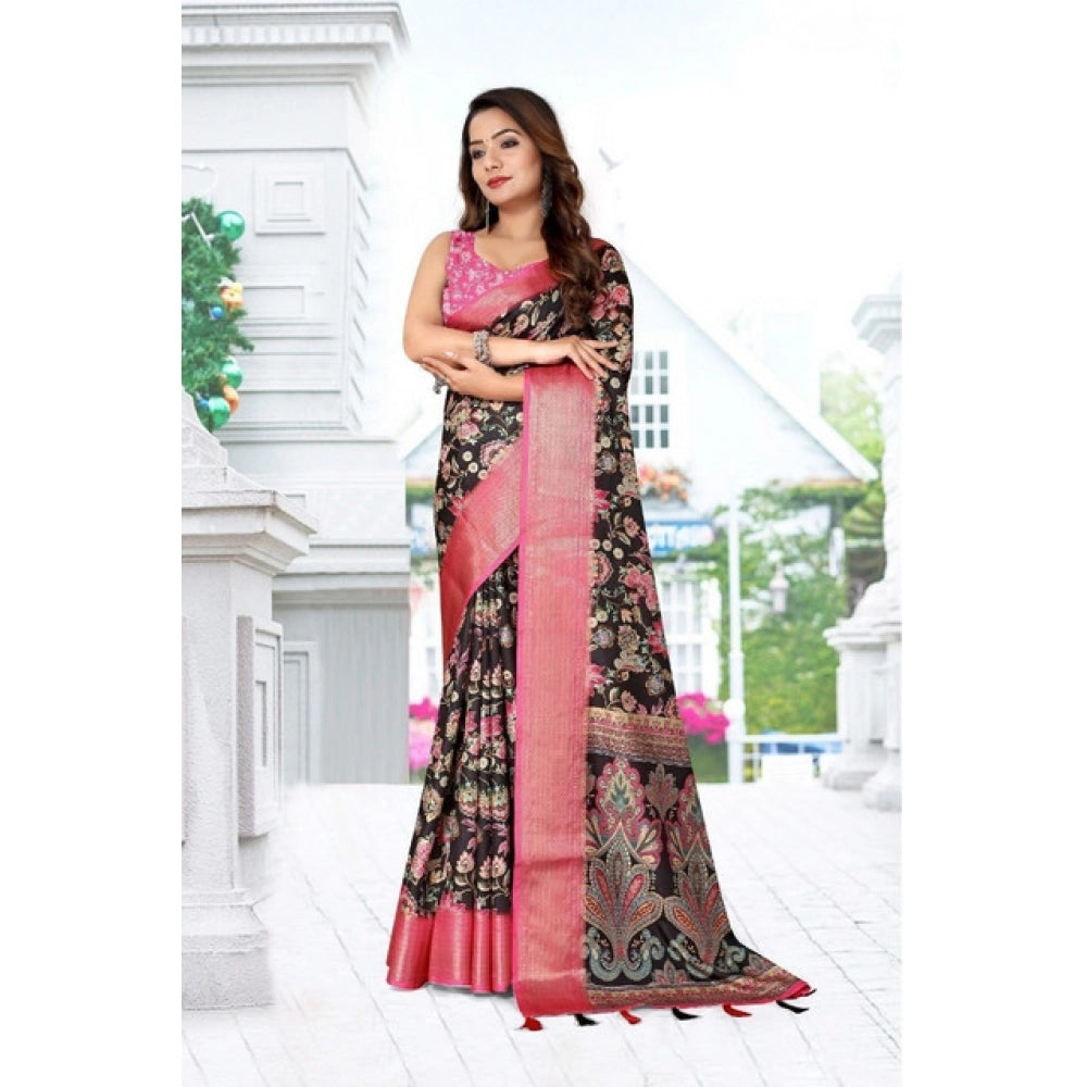 Generic Women's Cotton Silk Floral Printed Saree With Unstitched Blouse 5.5Mtr (Multicolor)