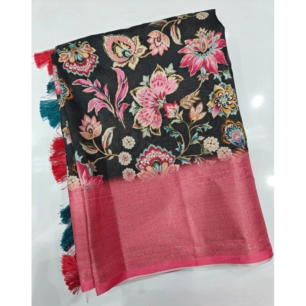 Generic Women's Cotton Silk Floral Printed Saree With Unstitched Blouse 5.5Mtr (Multicolor)