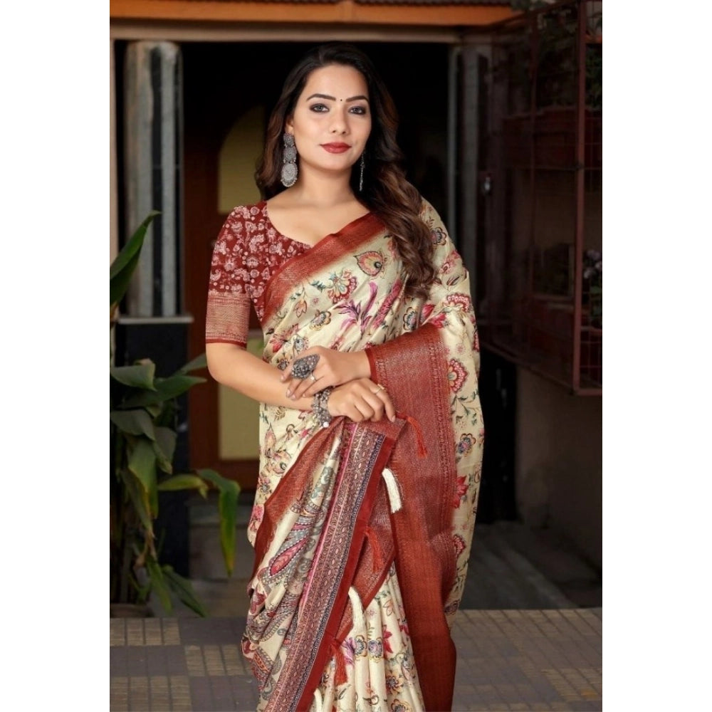 Generic Women's Cotton Silk Floral Printed Saree With Unstitched Blouse 5.5Mtr (Gold-Brown)