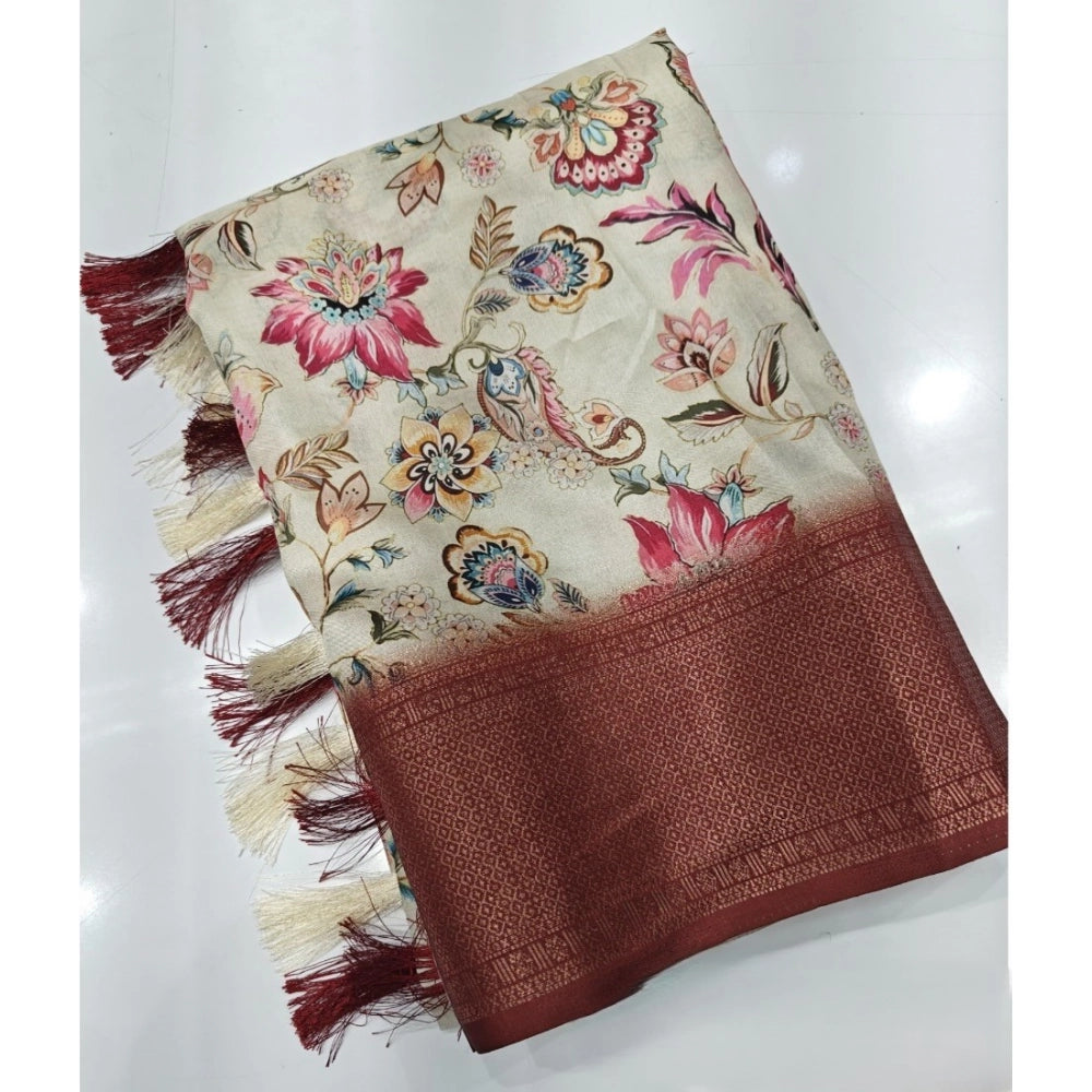 Generic Women's Cotton Silk Floral Printed Saree With Unstitched Blouse 5.5Mtr (Gold-Brown)